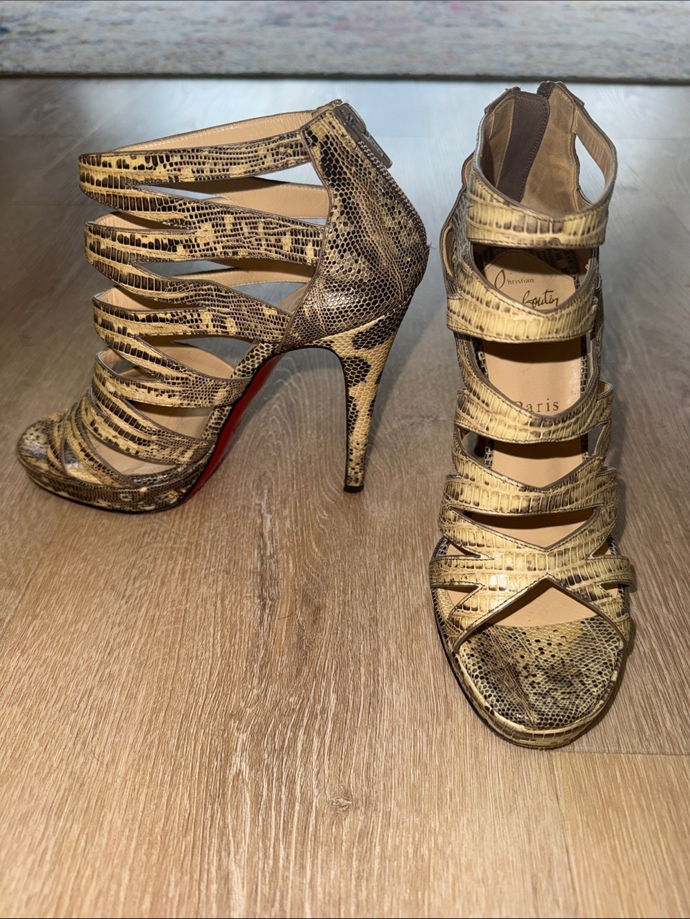 Christian Louboutin Gold Snake-Print Strappy Stiletto Sandals